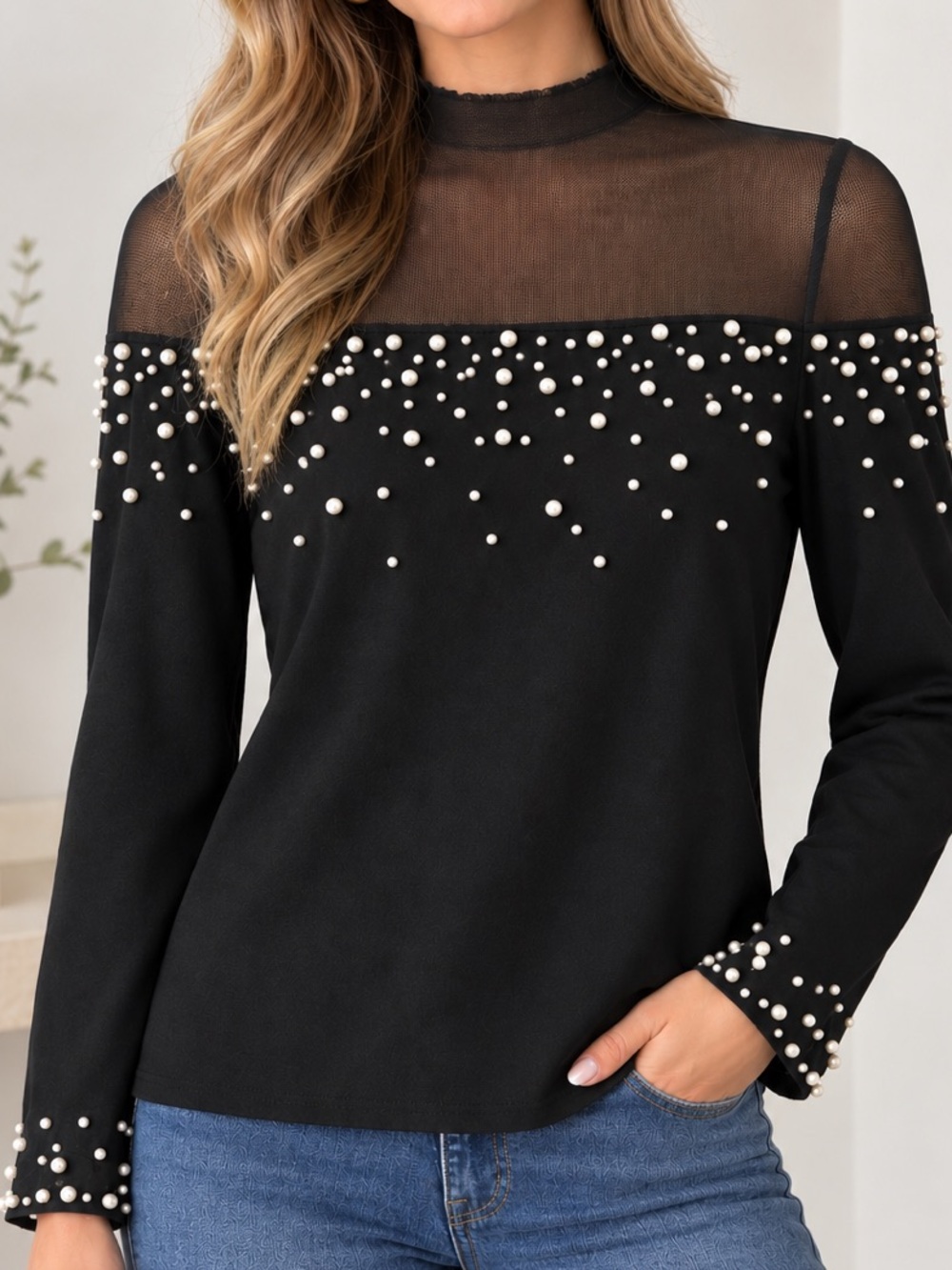 Black Pearl-Embellished Mesh Yoke Long-Sleeve Top